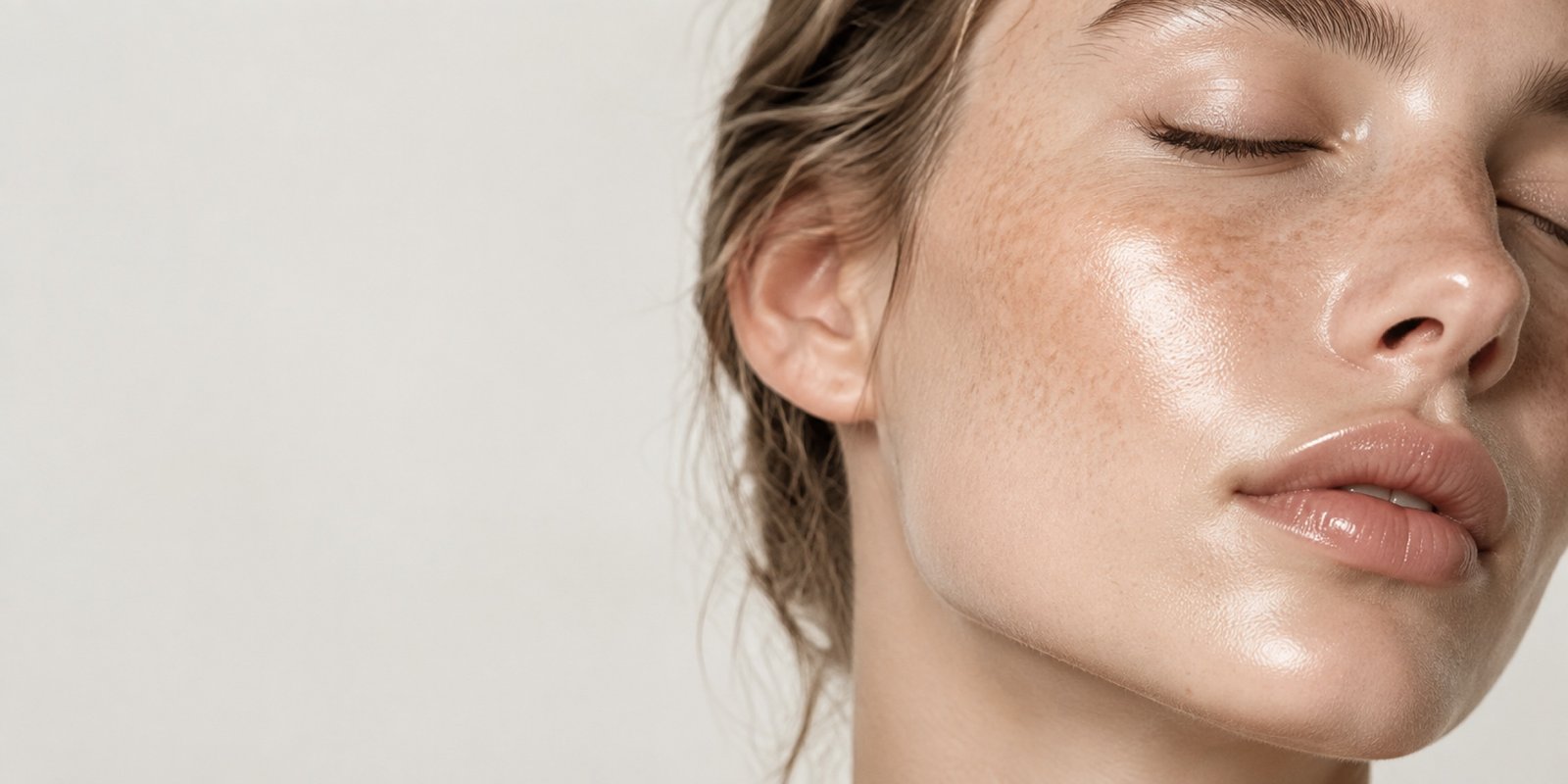Gros plan d'une peau éclatante et hydratée, soins Maison Ksm